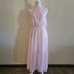 Women's Peach Swiss Dot Halter Neck Belted Maxi Dress Sz L